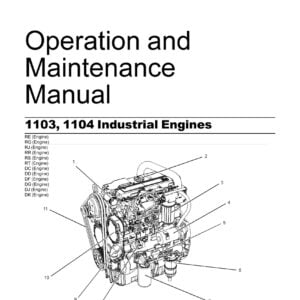 Cover page of the Operation and Maintenance Manual 1103, 1104 Perkins Engines. The image shows the Perkins logo in the upper left corner, followed by the title of the manual in large font. The background is a light shade of blue with a graphic of an engine part in the center of the page, surrounded by smaller graphics of engine parts. In the bottom left corner, the engine model numbers are listed in smaller font, and in the bottom right corner, the Perkins website is listed in even smaller font.