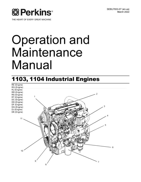 Cover page of the Operation and Maintenance Manual 1103, 1104 Perkins Engines. The image shows the Perkins logo in the upper left corner, followed by the title of the manual in large font. The background is a light shade of blue with a graphic of an engine part in the center of the page, surrounded by smaller graphics of engine parts. In the bottom left corner, the engine model numbers are listed in smaller font, and in the bottom right corner, the Perkins website is listed in even smaller font.