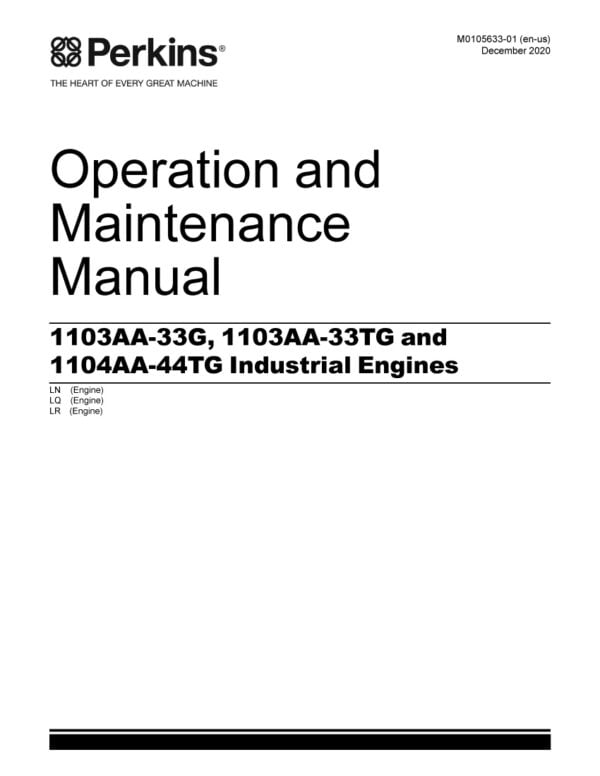 An image of the cover of the Perkins Manual for 1103AA-33G, 1103AA-33TG, and 1104AA-44TG engines, with the title and Perkins logo prominently displayed.