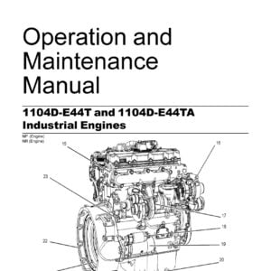 An open manual with a blue cover titled 'Maintenance Manual 1104D-E44T and 1104D-E44TA Industrial Engines' on a wooden surface, surrounded by tools and engine components.