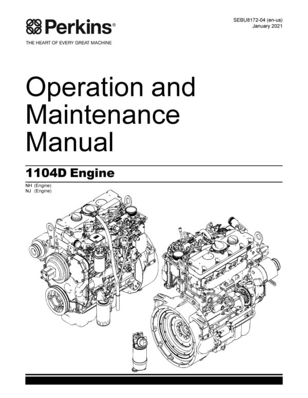 Cover page of the Perkins 1104D Engine Operation and Maintenance Manual, showing the Perkins logo in the top left corner, a photograph of the engine in the center of the page, and the title 'Operation and Maintenance Manual' in large font at the bottom of the page.