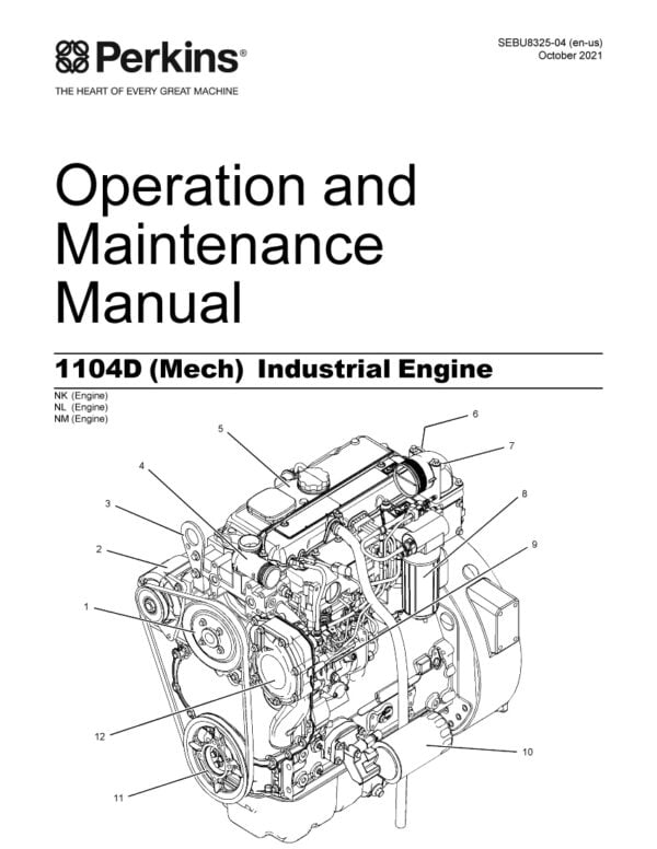 Cover page of the Perkins 1104D (Mech) Industrial Engine Maintenance Manual, showing the Perkins logo in the top left corner, a photograph of the engine in the center of the page, and the title 'Maintenance Manual' in large font at the bottom of the page.