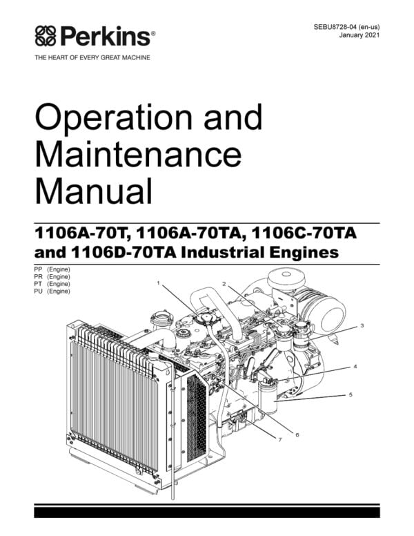 Image of the cover page of the Perkins Workshop Manual for 1106A-1106C-1106D-70T-70TA - a guide for maintaining and repairing Perkins diesel engines, with detailed instructions for disassembly, repair, and reassembly.