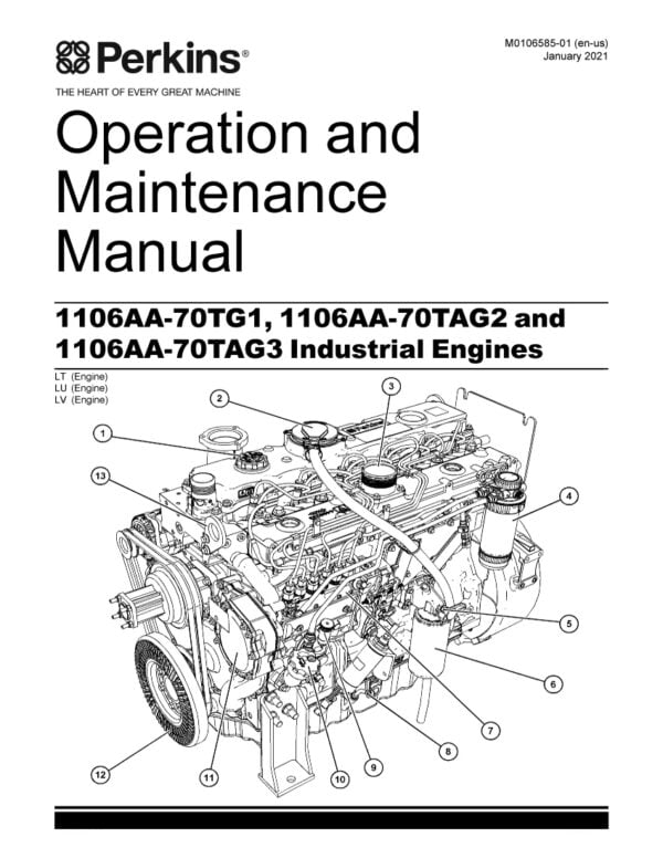 An image of the cover of the Perkins Maintenance Manual for 1106AA-70TG1 engine, with the title and Perkins logo prominently displayed.