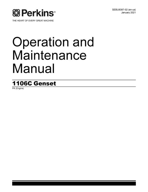 An open manual with a yellow cover titled 'Operation and Maintenance Manual 1106C Perkins Genset' on a wooden surface, surrounded by tools and genset components.