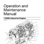 An open manual with a yellow cover titled 'Operation and Maintenance Manual 1106D Perkins Engine' on a wooden surface, surrounded by tools and engine components.