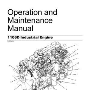 An open manual with a yellow cover titled 'Operation and Maintenance Manual 1106D Perkins Engine' on a wooden surface, surrounded by tools and engine components.