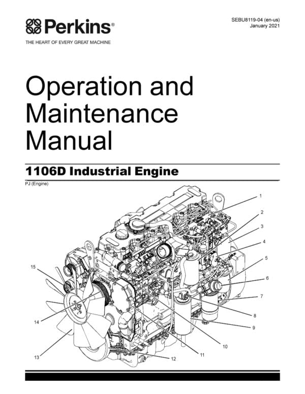 An open manual with a yellow cover titled 'Operation and Maintenance Manual 1106D Perkins Engine' on a wooden surface, surrounded by tools and engine components.