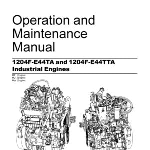 A manual opened to a page with technical information and diagrams, specifically for Perkins Engines 1204F-E44TA and 1204F-E44TTA, detailing maintenance procedures for cooling, fuel, electrical, and lubrication systems.