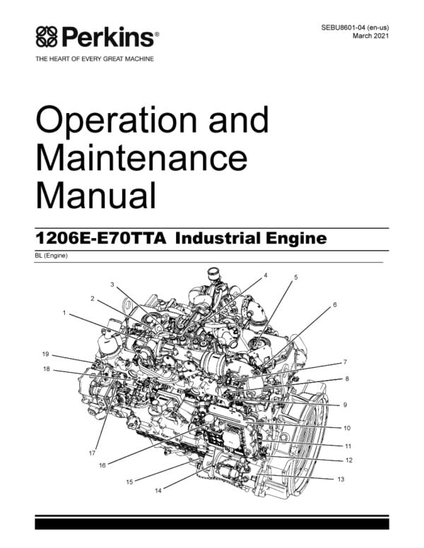 Perkins diesel engine, model 1206E-E70TTA, with 6 cylinders, turbocharger, and aftercooler. Used in heavy-duty applications for power generation, marine, and construction. Reliable and efficient