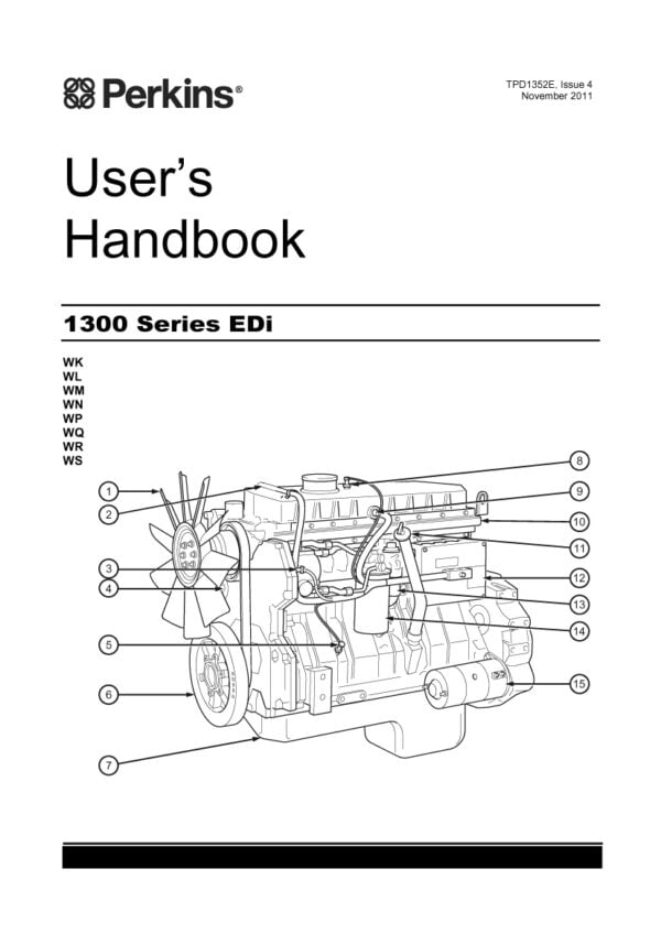 The 1300 Series EDi User's Handbook is a document produced by Perkins Engines Company Limited that provides information on the use, maintenance, and troubleshooting of the 1300 Series EDi engines