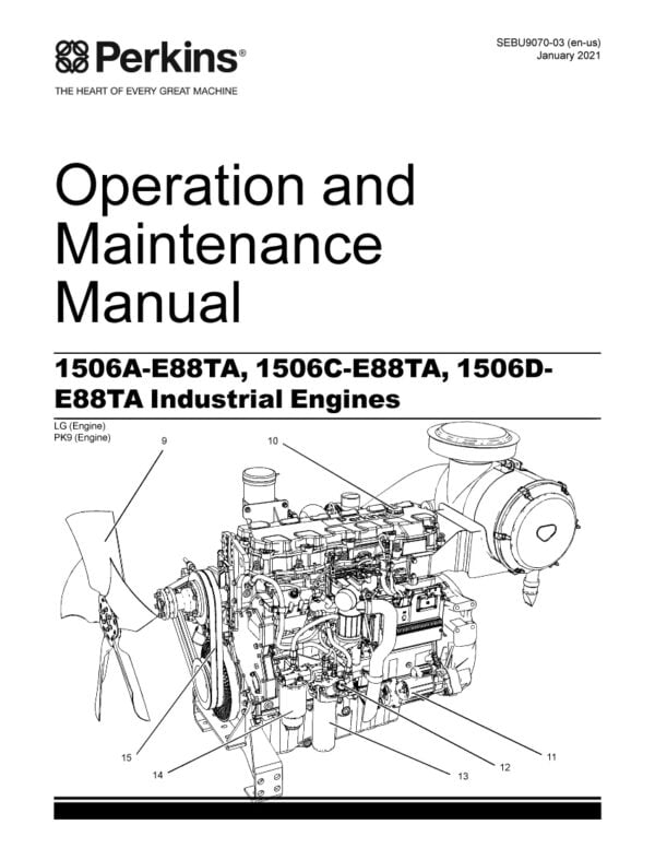 Cover page of the Maintenance Manual for Perkins Engines, featuring the Perkins logo and engine model names. The manual provides detailed instructions and guidance on how to properly maintain, repair, and overhaul the 1506A-E88TA, 1506C-E88TA, and 1506D-E88TA industrial engines.