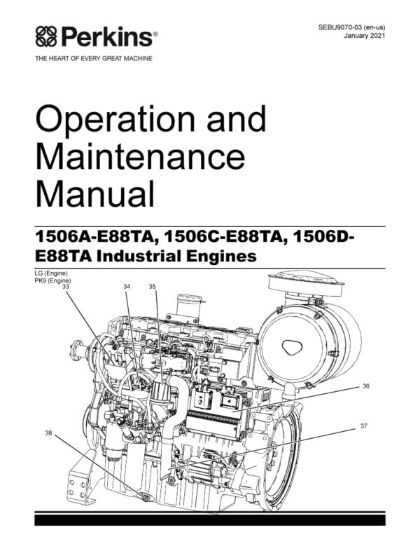 An image of the cover of the Perkins Engine Manual for 1506A-E88TA, 1506C-E88TA, and 1506D-E88TA engines, with the title and Perkins logo prominently displayed.