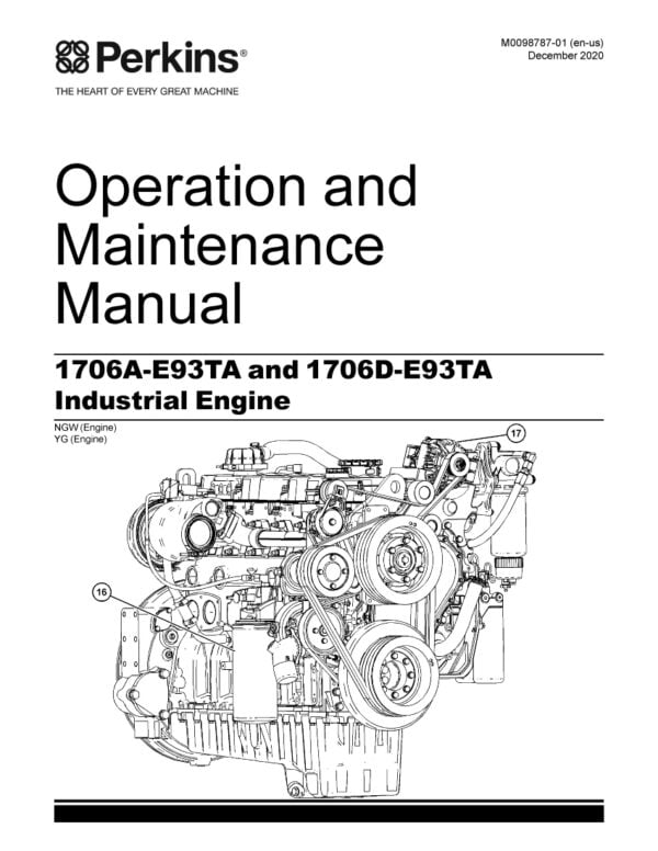 Cover page of Perkins 1706A-E93TA and 1706D-E93TA workshop manual, showing a close-up photograph of the engine with the Perkins logo in the top left corner and the title 'Workshop Manual' in large font in the center of the page.