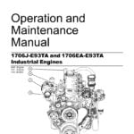A manual opened to a page with technical information and diagrams, specifically for Perkins 1706J-1706EA-E93TA engines, detailing maintenance procedures for cooling, fuel, electrical, and lubrication systems. The manual covers topics such as servicing, cleaning, and replacement of parts, and provides recommended maintenance schedules for the engines.
