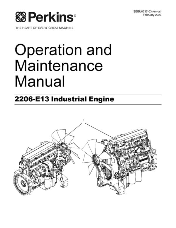 A close-up image of the Perkins 2206-E13 diesel engine with 6 cylinders, a turbocharger, and an after-cooler, mounted on a platform with various instruments and controls visible in the background.