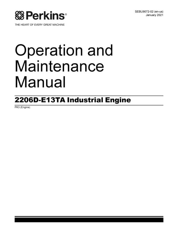 A Workshop Manual for the 2206D-E13TA Perkins Engine, with a red cover and white text, sitting on a wooden surface with engine components and tools surrounding it.