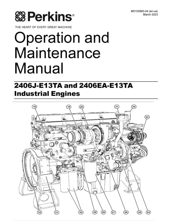 Cover page of Maintenance Manual for 2406J-E13TA and 2406EA-E13TA Perkins Engines with an image of the engines and the title of the manual in bold letters." The alt text is used to provide a textual description of the image for users with visual impairments who use screen readers or other assistive technologies to access the content.