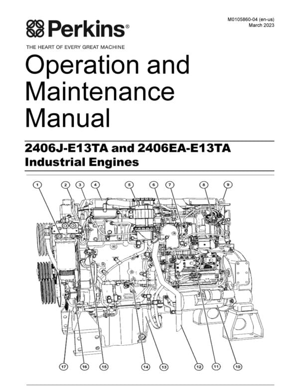 Image of Perkins 2406J-E13TA and 2406EA-E13TA diesel engines, featuring two 6-cylinder engines with advanced fuel systems, turbochargers, and electronic controls. The engines have a displacement of 13 liters and a power output of up to 575 and 540 horsepower, respectively. The engines are placed in an industrial or agricultural setting.