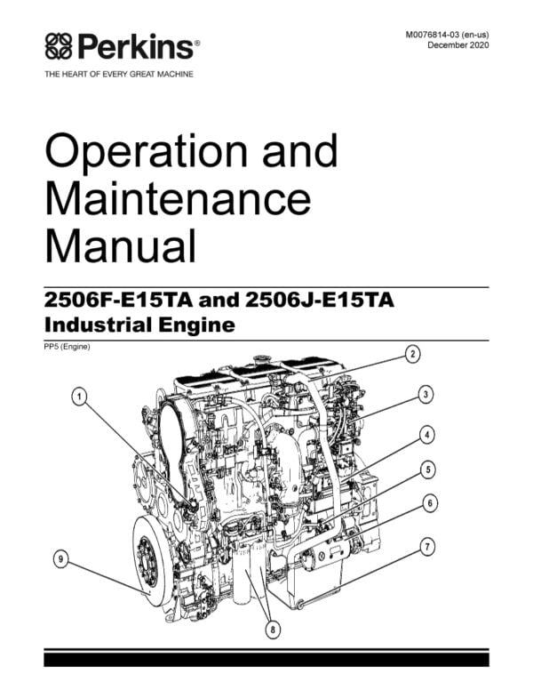 A six-cylinder, turbocharged Perkins 2506F-2506J-E15TA diesel engine with a displacement of 15.2 liters, featuring advanced common rail fuel injection and air-to-air aftercooling technology for improved performance and fuel efficiency in industrial applications.