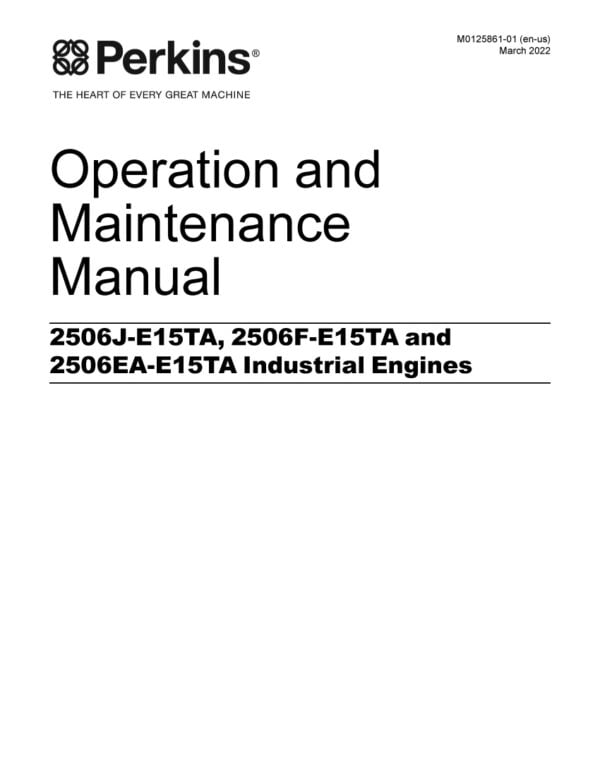 "Cover page of the Perkins 2506J-E15TA, 2506F-E15TA, and 2506EA-E15TA workshop manual. The image shows the Perkins logo in the upper left corner, followed by the title of the manual in large font. The background is a light shade of blue with an engine part graphic in the center of the page, surrounded by smaller graphics of engine parts. In the bottom left corner, the engine model numbers are listed in smaller font.