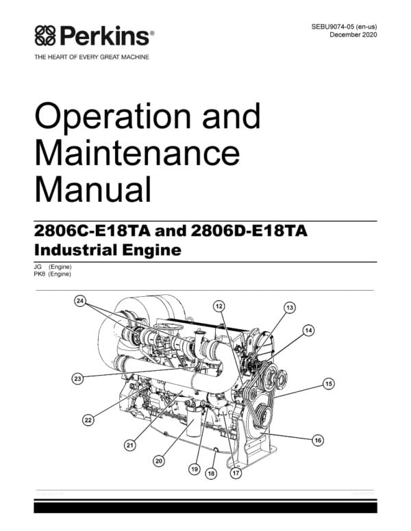 Cover page of Perkins Engine Manual for 2806C-E18TA and 2806D-E18TA industrial engines featuring a detailed illustration of the engine components and model information.