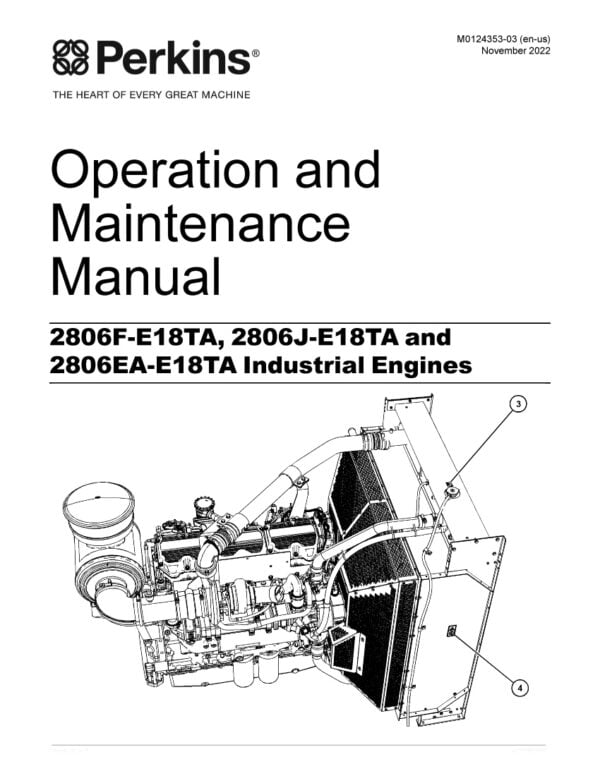 Cover page of the Perkins Maintenance Manual 2806F-2806J-2806EA-E18TA Engines. The image shows the Perkins logo in the upper left corner, followed by the title of the manual in large font. The background is a light shade of blue with an engine part graphic in the center of the page, surrounded by smaller graphics of engine parts. In the bottom left corner, the engine model numbers are listed in smaller font, and in the bottom right corner, the Perkins website is listed in even smaller font.