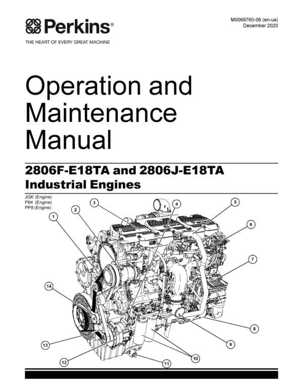 A white background with a blue banner at the top bearing the Perkins logo and the title 'Maintenance Manual'. Below the banner, there is an image of the 2806F-2806J-E18TA engine with the product name and some technical specifications listed on the side. At the bottom of the page, there may be some additional text such as the copyright notice or edition number.