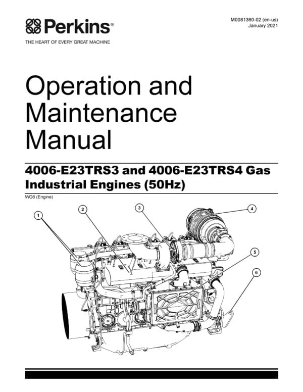 Cover page of the maintenance manual for the Perkins 4006-E23TRS3 and 4006-E23TRS4 Gas Industrial Engines. The cover features an image of the engines with the Perkins logo and product information in the background