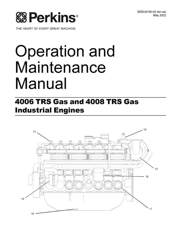 Image of the cover page of the Perkins Gas Engines 4006 TRS Gas and 4008 TRS workshop manual, displaying the manual title, Perkins logo, and an illustration of the engines. The alt text describes the image and its contents for people who may not be able to see the image, such as those using screen readers.