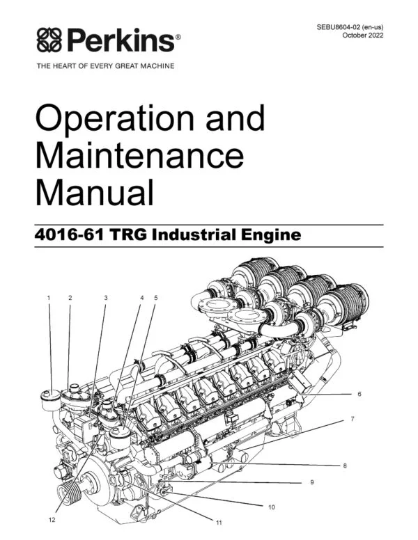 Cover page of the Operation and Maintenance Manual for the 4016-61 TRG Perkins Engine, featuring a photograph of the engine with the manual title and company logo