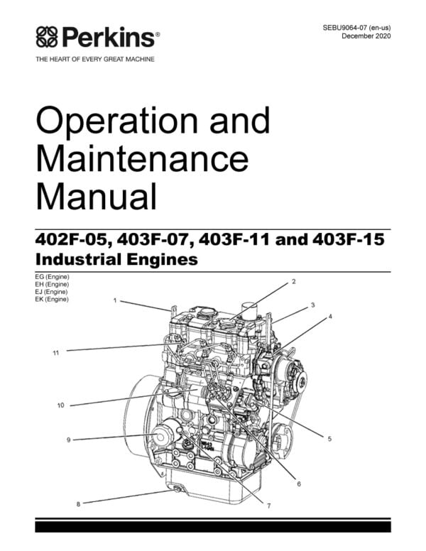 Cover of the Perkins Engines Manual featuring the 402F-05, 403F-07, 403F-11, and 403F-15 models, showcasing reliable and efficient compact diesel engines used in various industrial and agricultural applications.