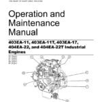 Cover page of Perkins Manual 403EA-11-11T-17 and 404EA-22,22T. The image shows the Perkins logo in the upper left corner, followed by the title of the manual in large font. The background is a dark shade of blue with several graphics of engine parts in lighter blue scattered throughout the page.