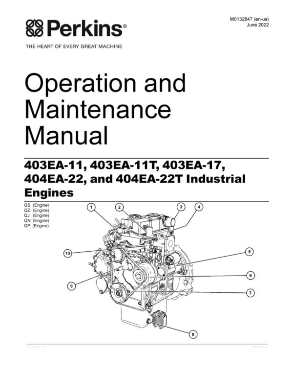 Cover page of Perkins Manual 403EA-11-11T-17 and 404EA-22,22T. The image shows the Perkins logo in the upper left corner, followed by the title of the manual in large font. The background is a dark shade of blue with several graphics of engine parts in lighter blue scattered throughout the page.