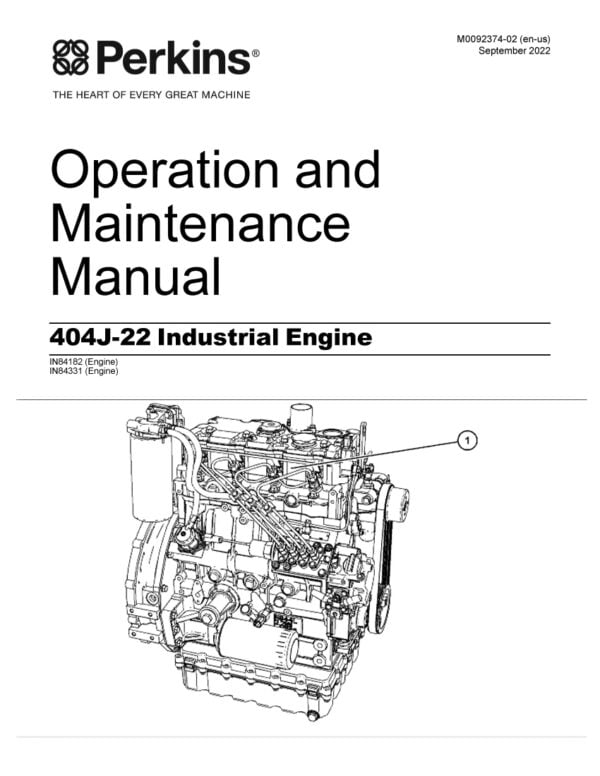 Cover page of the Perkins engine 404J-22 operation and maintenance manual. The image shows a close-up of the engine, with the Perkins logo in the top left corner and the engine model and manual title in the center. The engine features a black and silver metal exterior with various components visible, including hoses, bolts, and a fan.