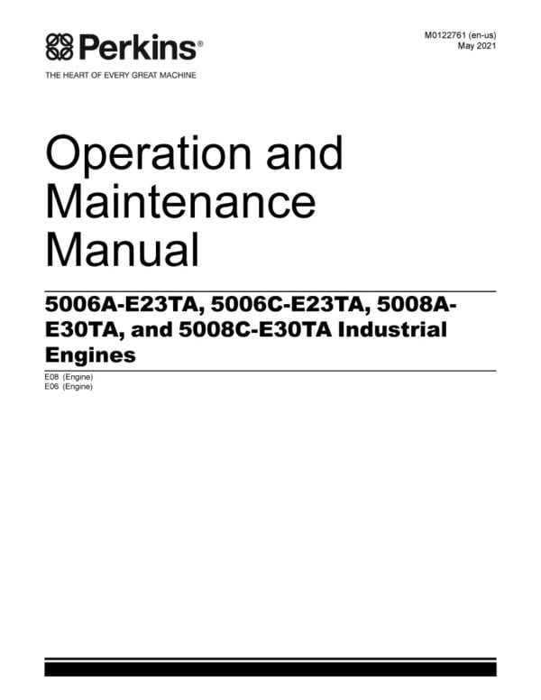 Cover page of the Perkins Engines manual featuring the 5006A-E23TA, 5006C-E23TA, 5008A-E30TA, and 5008C-E30TA models, showcasing powerful and efficient six-cylinder diesel engines designed for industrial and agricultural applications.