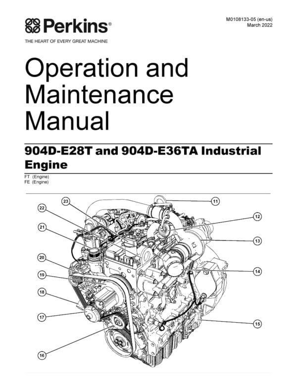 Cover page of the Perkins Engine Maintenance Manual for 904D-E28T and 904D-E36TA engines. The cover features the Perkins logo and product name, with an image of an engine in the background. The title of the manual and a list of included engines are also displayed prominently on the cover.