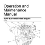 Cover page of the Operation and Maintenance Manual for the 904F-E28T Industrial Engine, featuring detailed illustrations of engine components and systems. This manual provides comprehensive instructions for operating, servicing, and maintaining this reliable and fuel-efficient four-cylinder diesel engine used in a variety of industrial applications, including construction, material handling, and power generation.