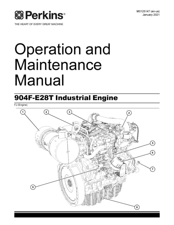 Cover page of the Operation and Maintenance Manual for the 904F-E28T Industrial Engine, featuring detailed illustrations of engine components and systems. This manual provides comprehensive instructions for operating, servicing, and maintaining this reliable and fuel-efficient four-cylinder diesel engine used in a variety of industrial applications, including construction, material handling, and power generation.