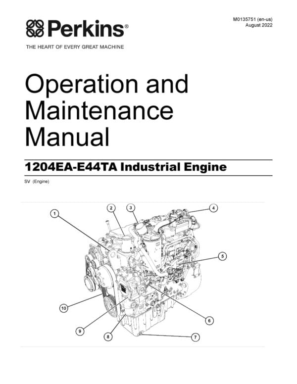 Alt Text: An image of the cover page of the Perkins workshop manual for the 1204EA-E44TA turbocharged engine. This manual provides detailed information on the maintenance, repair, and overhaul procedures for this 4-cylinder diesel engine, which is commonly used in a variety of applications, including agricultural, construction, and industrial.