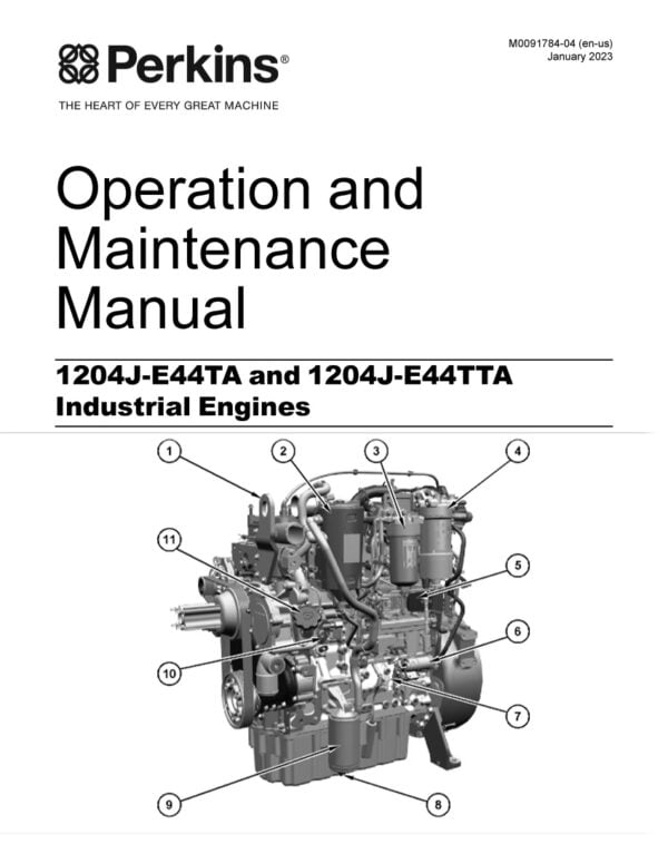 An image of the Perkins Maintenance Manual cover page, featuring the 1204J-E44TA and 1204J-E44TTA diesel engine models. The manual provides detailed information on the maintenance, repair, and overhaul procedures for these engines, which are commonly used in agricultural, construction, and industrial applications.