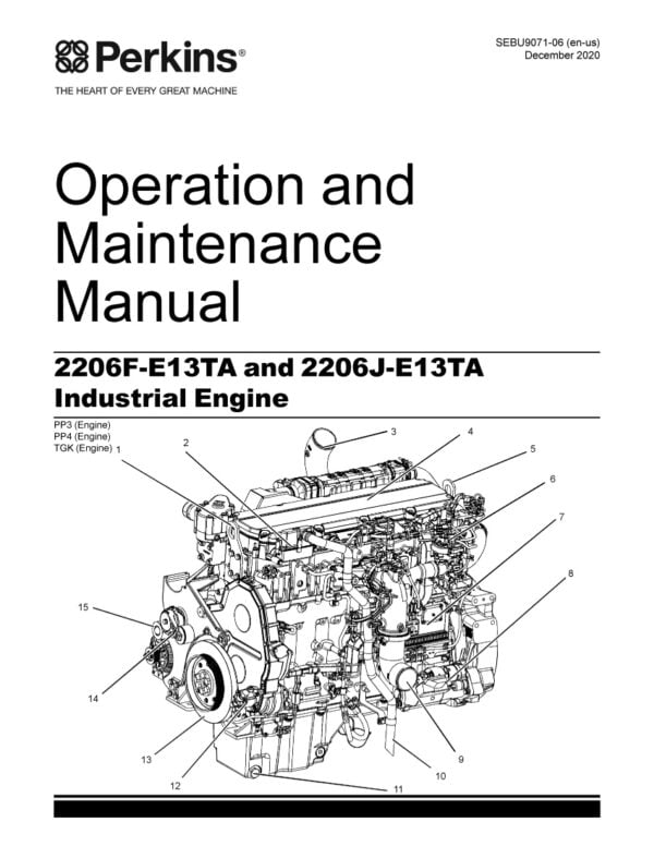 A close-up image of the Perkins 2206F-2206J-E13TA diesel engine with 6 cylinders, a turbocharger, and an after-cooler, mounted on a platform with various instruments and controls visible in the background. The engine is designed for use in heavy-duty applications such as power generation, construction, and agriculture.