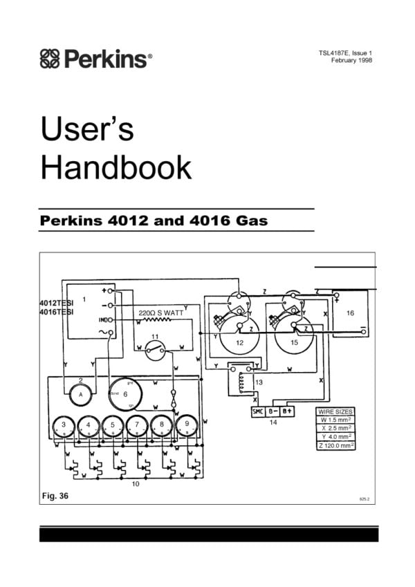 Image of the cover page of the User's Handbook for the Perkins 4012 and 4016 Gas 4012TESI and 4016TESI engines, displaying the handbook title and Perkins logo.