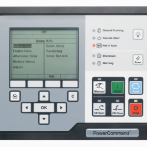An image depicting the PowerCommand® Digital Controller, a control system used in Cummins power generation equipment. The controller features a compact and modern design with a digital display and user-friendly interface. It includes various buttons, switches, and indicators for monitoring and managing the generator set's operation.
