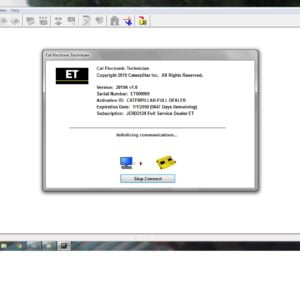 A screenshot of Cat ET 2019 Caterpillar diagnostic software, showing the main interface with various menus, buttons, and tabs. The software allows the user to communicate, diagnose and service electronically controlled Caterpillar engines and machines. The screenshot shows the status of the connection, the active and logged diagnostics, the performance data, and the configuration and calibration options.